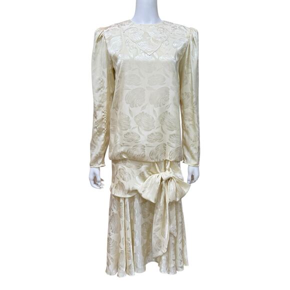 P.A. Boutique Dresses & Skirts - Vtg 80s 90s Ivory Dropped Waist Tie Bow Dress Size 6 Shoulder Pad